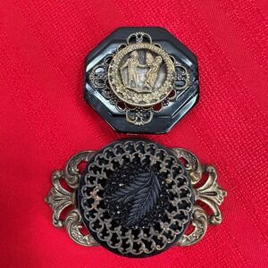 Vintage Victorian Style Brooch Set Black Gold Tone Courting Couple Carved Leaf